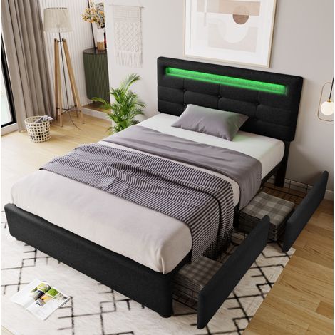 Lit avec tiroirs 90x200 LED en lin noir et gris HAVRYA (1/5)