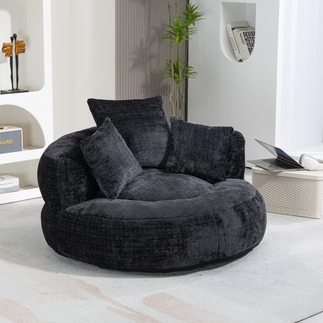 Neche Fauteuil Relax en Chenille Noire,Assise Moelleuse avec 3 Coussins,Fauteuil Cocoon Nuage Sans Montage,Charge 250 kg,pour Salon,Chambre