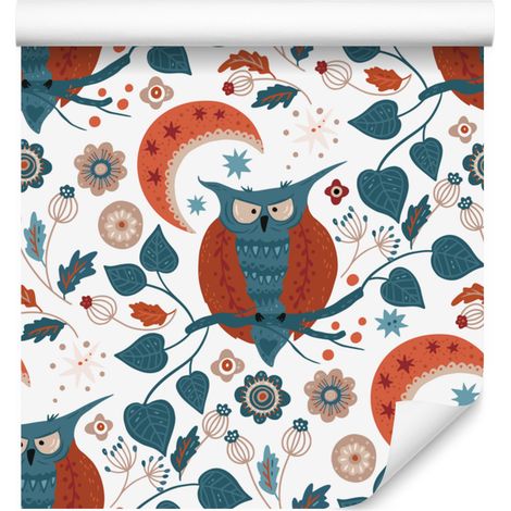 Tapete mit Waldtieren und Naturmotiven, weiß und türkis, roter Hintergrund, 50 x 1000 cm (1/5)