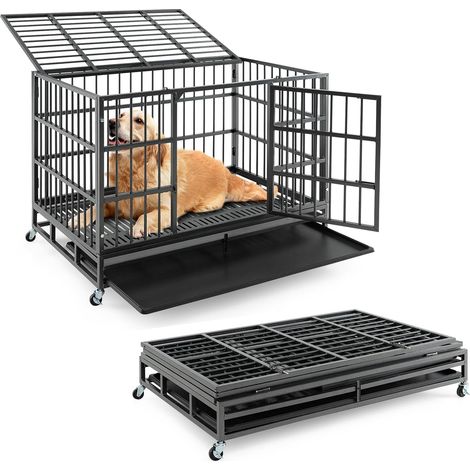 COSTWAY Jaula para Perros Plegable, Jaula para Mascotas de Metal con 2 Puertas, 4 Ruedas Giratorias, Bandeja Extraíble, Caja para Perros Portátil para Interiores y Exteriores (120 x 76 x 90 cm) (1/5)