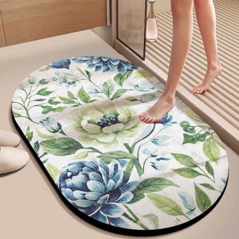 Tapis de douche 3D en terre de diatomée – Forme ovale irrégulière, ultra-absorbant, antidérapant et résistant à l’usure, idéal pour salle de bain (50 x 80 cm) – Modèle « La vie comme les fleurs d’été