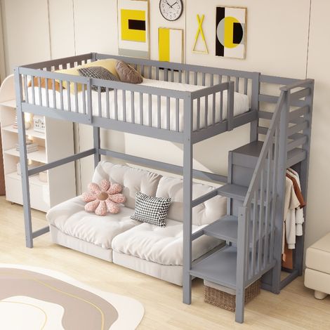 Hochbett 90x200 mit Treppe und Kleiderschrank, Kinderbett aus Massivholz mit Stauraum und Aufbewahrungsregal, Loftbett Grau (1/5)