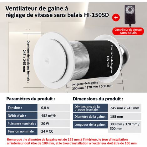 Extracteur d'air mural HI-150SD modèle extraction d'air à vitesse variable en continu longueur 300 mm 9 pales 1 kg – Livraison gratuite