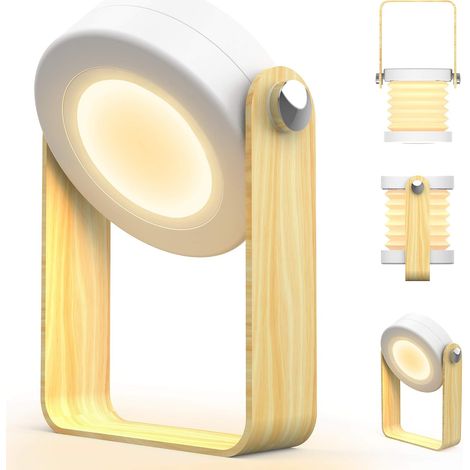 Lámpara de noche LED inalámbrica táctil regulable, lámpara de escritorio vintage con mango de madera, 3 niveles de brillo, lámpara de mesa táctil plegable portátil para dormitorio (1/5)