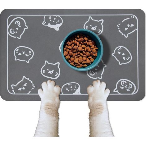 Lot de 2 tapis de gamelle pour animaux de compagnie, antidérapants et super absorbants, avec plusieurs logos de têtes de chat, 45 x 30 cm, gris foncé