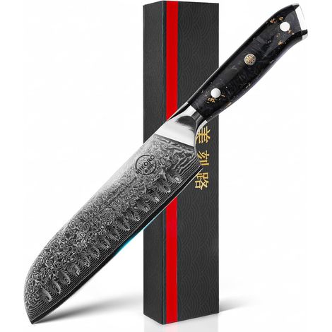 Couteau de Cuisine Santoku Japonais 18cm - Acier Damas 67 Couches - Professionnel Ultra Tranchant - Manche Carbone - Coffret Cadeau Premium (1/5)