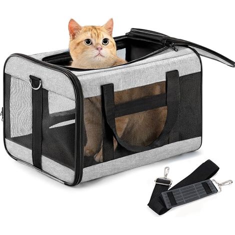 Soft Dog Carrier, Cat Bag with Inner Lead, Transport for Large Cats and Medium Dogs, Foldable Bag for Puppies – Grey, M (1/5)