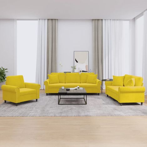3-tlg. Sofagarnitur mit Kissen Gelb Samt vidaXL