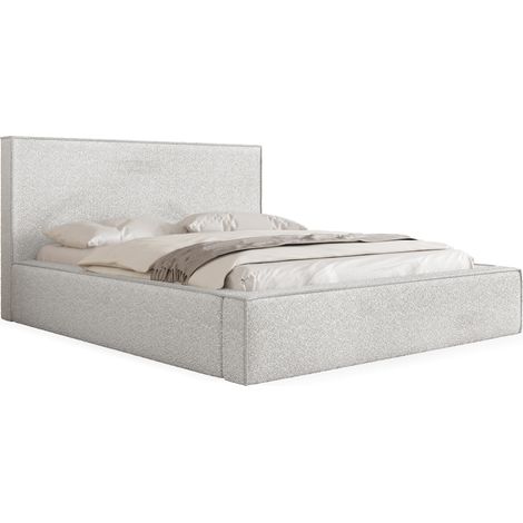 Polsterbett 120x200 mit Bettkasten und Lattenrost – Weiß Bett mit hohem Kopfteil, Boucle oder Samt Stoff - Modernes Doppelbett mit Stauraum – Bettgestell, ohne Matratze – Terra - Creme