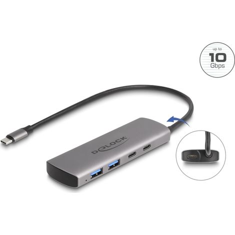 Delock Concentrador USB 10 Gbps se USB Tipo-A de 2 puertos + USB Type-Câ¢ de 2 puertos con conector USB Type-Câ¢ y puerto de alimentaciÃ³n adicional