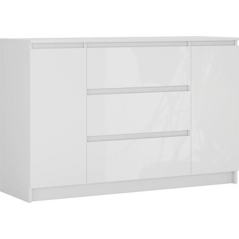Commode : Blanc Mat / Blanc Brillant, 120 x 39 x 78 cm, 2 portes, 3 tiroirs (1/5)