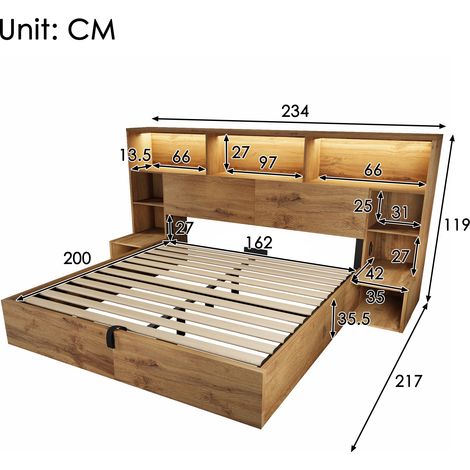 Lit coffre 160x200 cm, aspect chêne, avec vérins hydrauliques, lit double en bois avec tables de chevet intégrées, cadre de lit à lattes et étagère de tête de lit, éclairage LED et USB-C, matelas non (1/5)