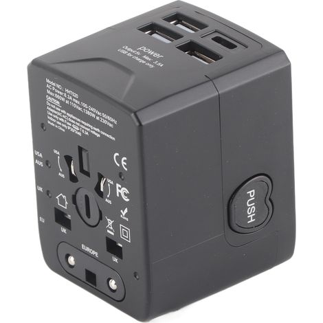 Adaptateur de voyage universel avec prise internationale, convertisseur de puissance multiprise 110-250 V, 3 ports USB et USB-C, noir (1/5)