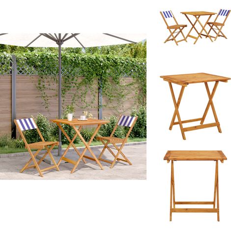 Ensemble de bistro 3 pcs bleu et blanc tissu et bois massif - Meubles De Jardin - Salon De Jardin - Ensemble De Bistro - Mobilier Extérieur - Acacia Massif (1/5)