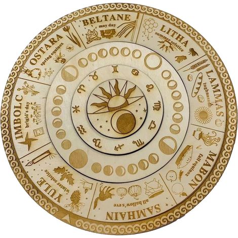 Calendrier Roue De L Annee - Panneau En Bois 30 X 30 Cm - Calendrier Des Sabbats Wicca - Décoration Intérieure - 1 Pièce (1/2)