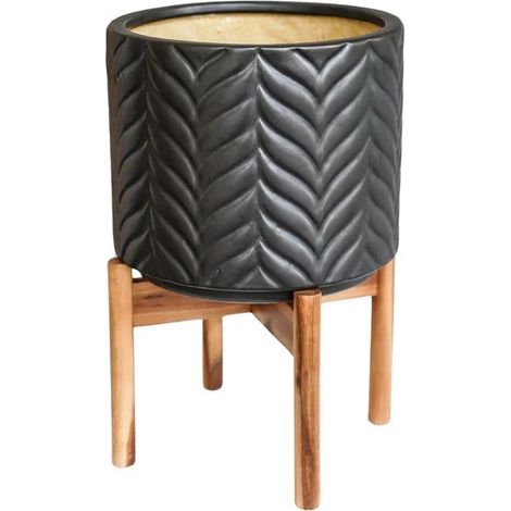 Aspen Chevron Planter - Ceramic/Wood - L22 x W22 x H34 cm - Mercury