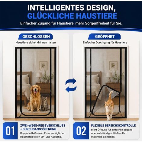 Rideau de porte anti-moustiques pour animaux de compagnie, filet de protection robuste avec fermeture éclair pour chat et chien, installation facile sans perçage, 90x210 cm