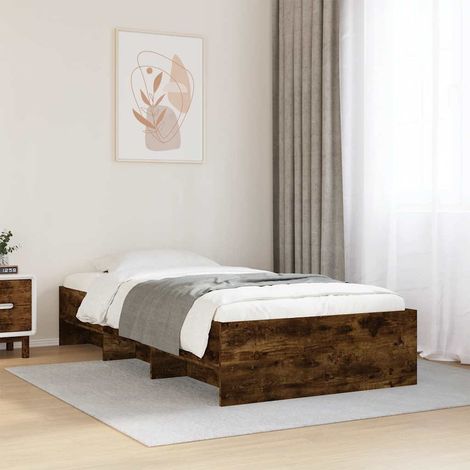 Cadre de lit 90 x 200 cm avec rangement, sommier à lattes, bois d’ingénierie, chêne fumé, sans matelas - PANGIVO (1/5)