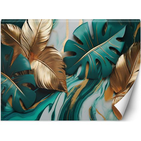 Fototapete Monstera Blätter Gold Türkis Marmor 350x245 cm
