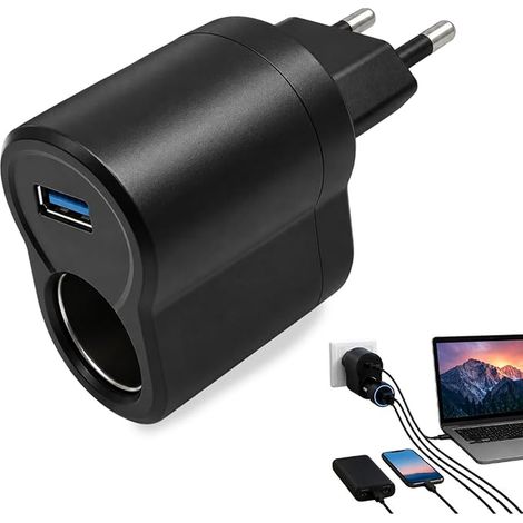 Adaptateur Allume Cigare Secteur 220V vers 12V 6W avec Port USB et Prise UE (1/5)