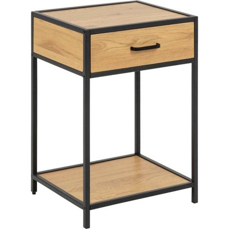Comodino Seaford con cassetto e ripiano, in MDF e metallo, color rovere selvatico. (1/5)