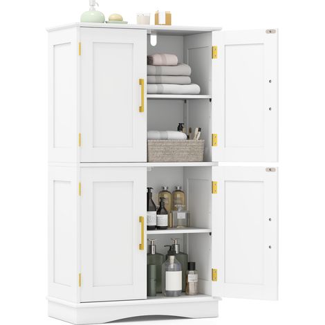 Meuble de Rangement de Salle de Bain, Garde-manger Autoportant de 110 cm avec 4 Portes et 2 Étagères Réglables, Blanc (1/5)