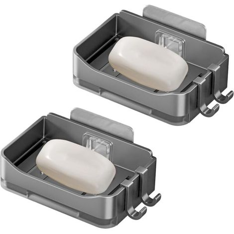 2-teilige, wandmontierte Seifenschale für Bad, WC und Küche, Seifenhalter aus ABS-Kunststoff mit kleinem Haken und Klebefläche (1/4)