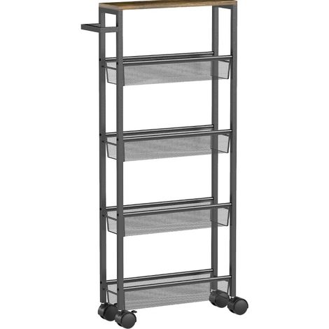 Carrello cucina stretto con 4 cestini, piano, metallo e legno, nero, 47 x 13 x 96,5 cm (1/5)