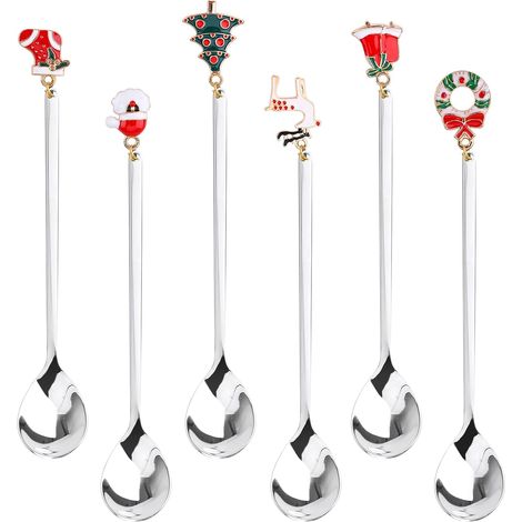 Cuillères à Café de Noël,6 Cuillères de Noël Cuillères à thé à Dessert en Acier de Noël en Argent Avec Pendentifs de Noël Cloches de Chapeau D'élan D'arbre de Noël,Emballage de Boîte-Cadeau (Silver) (1/5)