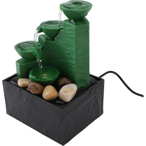 Fontaine de table décorative à eau en circuit fermé, alimentée par USB, avec pierres lumineuses LED vert émeraude, idéale pour le salon ou le bureau. (1/5)