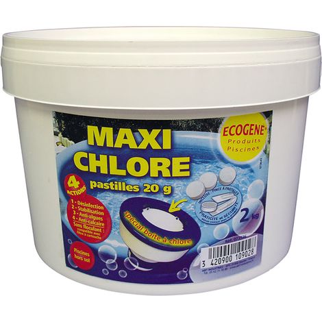 MAXI CHLORE LENT PASTILLES 20 G 4 ACTIONS - SPECIAL BOÎTE A CHLORE - SANS FLOCULANT - COMPATIBLE AVEC FILTRE A CARTOUCHE - SEAU DE 4 KG - 2023