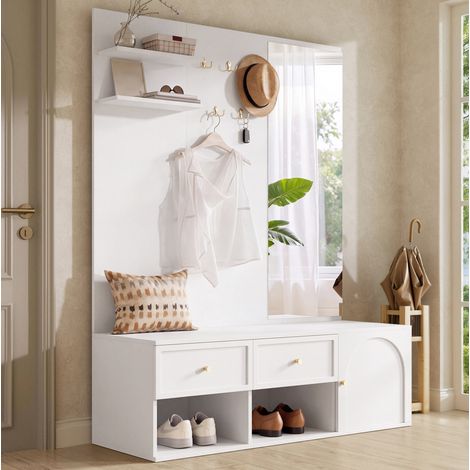Armadio da ingresso 120 x 35 x 159 cm con specchio, 5 ganci, 2 cassetti, scarpiera, effetto - bianca (1/5)