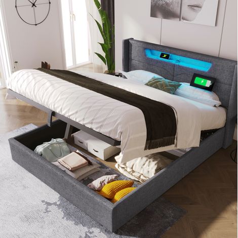 lit adulte rangement 140x200 LED USB lin gris OKMYHOME (1/5)
