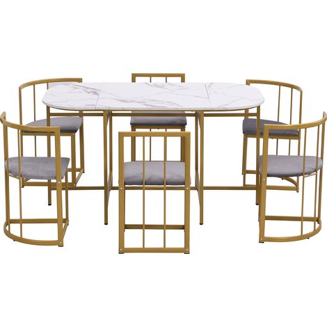 Ensemble table et 6 chaises blanc et doré, table à manger en MDF avec assises grises, dimensions 140 x 80 x 76 cm (1/5)
