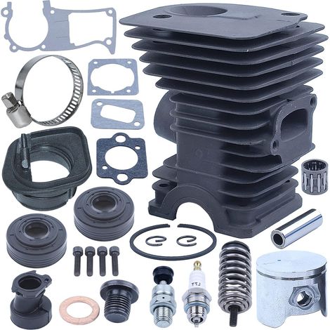 Cylindre piston 44 mm pour Husqvarna 340 345 350 pour tronçonneuse collecteurs d'admission gros alésage, kit cylindre piston, joint d'huile, collecteur d'admission, bougie d'allumage, valve de décompr (1/5)
