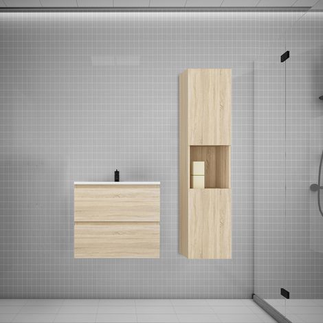 Aica Ensemble meuble vasque L.60cm chêne 2 tiroirs + lavabo + colonne