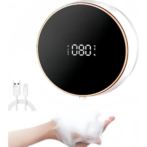 Automatischer Schaumseifenspender, 3 einstellbare Geschwindigkeiten, berührungslose Wandmontage, nachfüllbarer 300-ml-Schaumseifenspender, mit LCD-Bildschirm, USB-Ladefunktion, weiß.