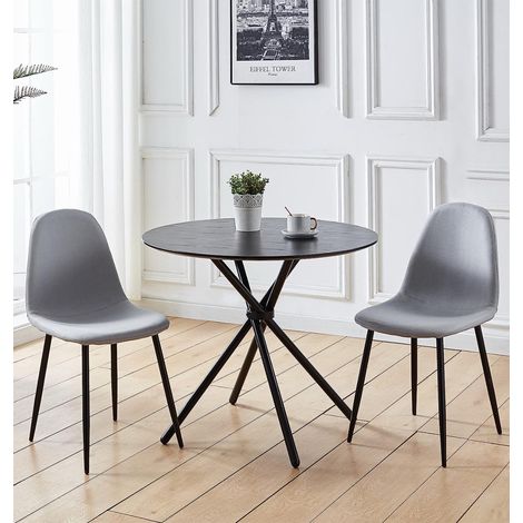 Hallowood Furniture Cullompton Round Dining Table and Chairs Set 2, Wooden Effect Top Small Black Kitchen Table and Grey Fabric Chairs with Black Metal Legs, Dining Room Sets for Home and Cafe