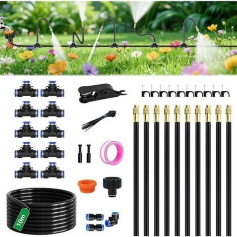 Garden Irrigation System, 10M 360° Automatic Watering for Garden, 5/8 Mist Hose and 10 Nozzles, Drip Irrigation Kit for Gardens, Greenhouses, Balcony Lawn Plants (1/5)