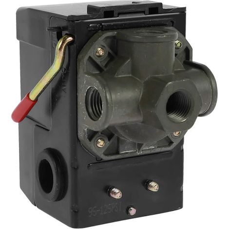Neuer Druckschalter für Luftkompressor, 4 Anschlüsse, 95-125 PSI Regelung, 1/4" NPT Gewinde, 20 A. Sicheres Ersatzteil mit Sicherheitsventil. (1/5)