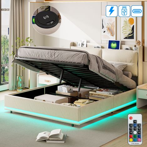 Letto con Contenitore 160x200 cm, 2 Piazze, con LED, Rendimento, USB-A/C, Carica Senza Fili, Rete a Doghe in Legno, Struttura in Metallo, Letto Imbottito in Velluto - Beige