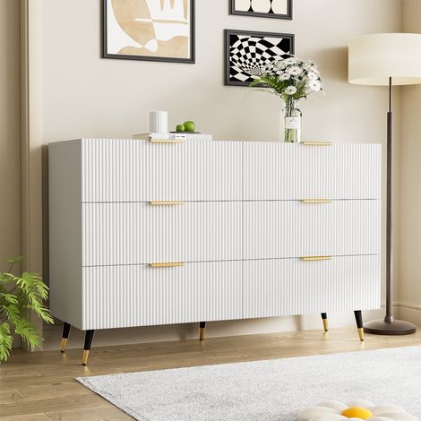Credenza elegante dal design moderno, Cassettiera con 6 cassetti, Robusta e pratica, 120L x 40W x 77Hcm, Bianco