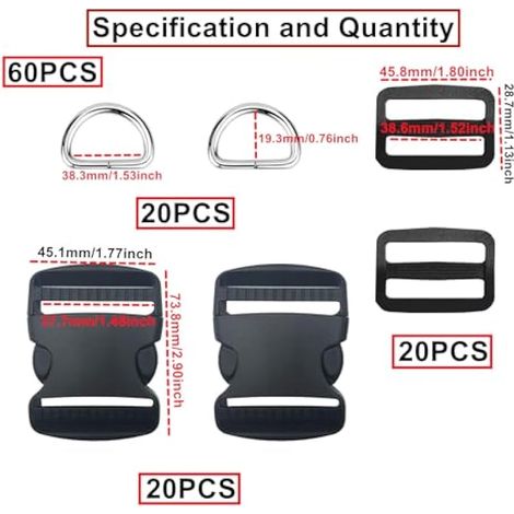 20 pièces Boucles en Plastiques Sangle, 38mm Boucle Plastique Noir Clip Fermoir pour Sangle, Accessoires de Sac à Dos, Tente, Sac à Dos Enfant, Collier de Chien, 20 pièces Curseur (1/5)