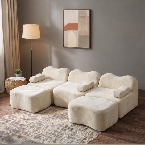 Canapé modulable en U 3 places avec 2 poufs velours beige (1/5)