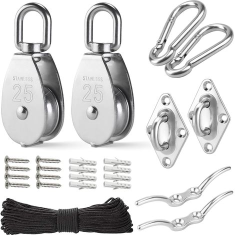 Kit de poulies en M25 2 poulie robuste et corde en et crochets et plaque de protection et taquet Acier Inoxydable Nylon (1/5)