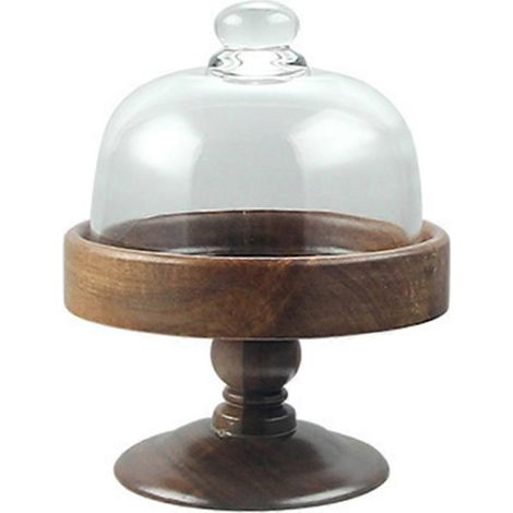 Présentoir à gâteaux élégant à pied haut avec couvercle en verre - Assiette à dessert en bois et verre, plat à dim sum, assiette à pain (1/5)