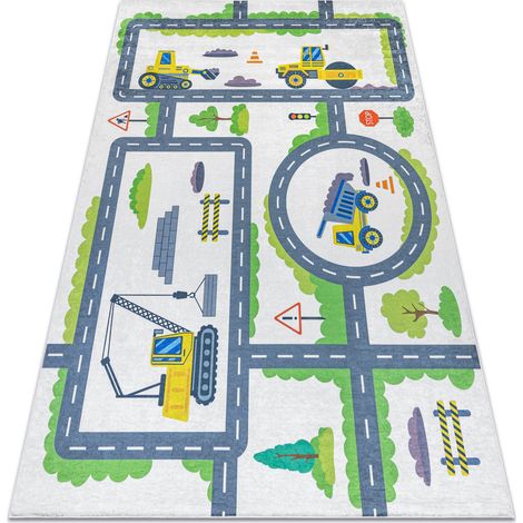 BAMBINO 2338 Waschteppich Bagger, Straßen für Kinder Anti-Rutsch - weiß / grün white 80x150 cm