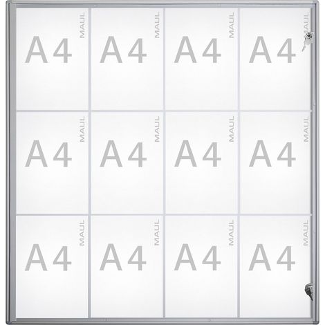 Vitrine d'affichage A4 12 documents – Aluminium anodisé argent – Verre synthétique – Profondeur 27 mm – Accès sécurisé avec verrou – Maul (1/3)