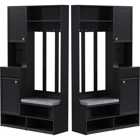 Ensemble armoire, ensemble armoire d'entrée complet avec banc, 4 crochets, portes et tiroirs - Noir, dimensions compactes 100×180×35 cm (L×H×P)