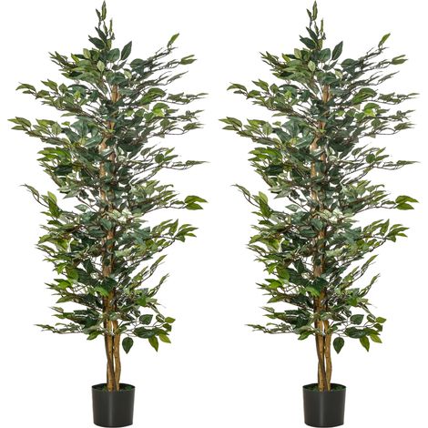 HOMCOM pack de 2 ficus artificiales 150 cm plantas artificiales con macetas y 1008 hojas realistas para decoración del hogar salón Ø17x150 cm verde (1/3)